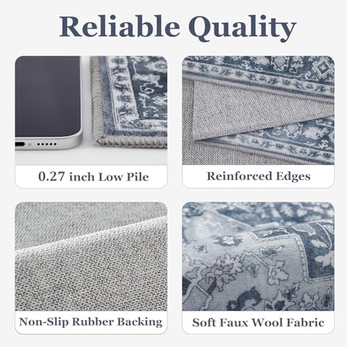 Blue Gray 5x7 Area Rugs for Living Room, Transitional Distressed Washable Non Slip Bedroom Rug, Modern Vintage Medallion Low Pile Thin Carpet Rugs for Den/Dining Room/Kitchen/Home Office - Image 6