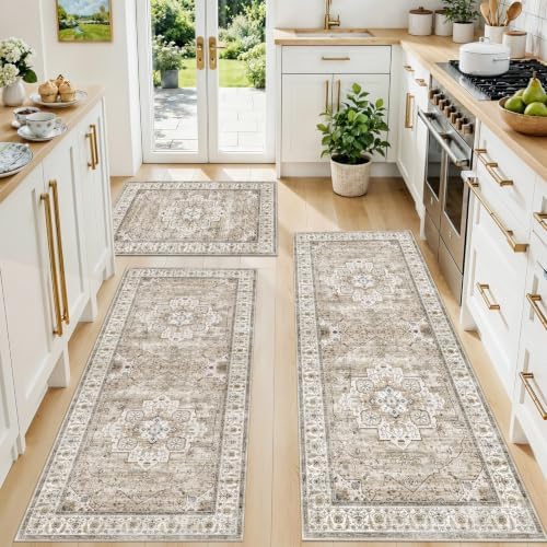 Washable Kitchen Rugs Sets of 3: Non-Slip Boho Kitchen Mats for Floor - Soft Low Pile Carpet Runner for Sink,Entryway,Bathroom Indoor Small Accent Rug Home Decor for Hallway (Beige/Brown,2x3+2x4+2x5) by YOUFORTONG