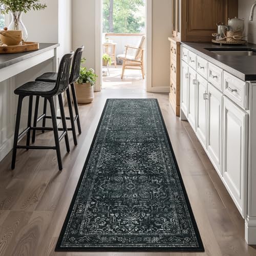 Black White 2x8 Kitchen Runner Rug, Washable Non Slip Hallway Entryway Runner Indoor, Low Pile Vintage Medallion Distressed Carpet Runners 8ft for Bedroom Bedside/Laundry Room/Bathroom - Image 3