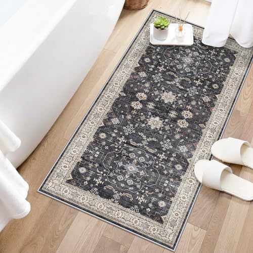 RUUGME 2x4 Entryway Runner Rugs: Non-Slip Washable Small Runners for Kitchen Vintage Low Pile Carpet for Indoor Entrance Hallway Soft Thin Stain Resistant DoorMat for Bathroom Bedroom(Black/Multi,2x4) - Image 3