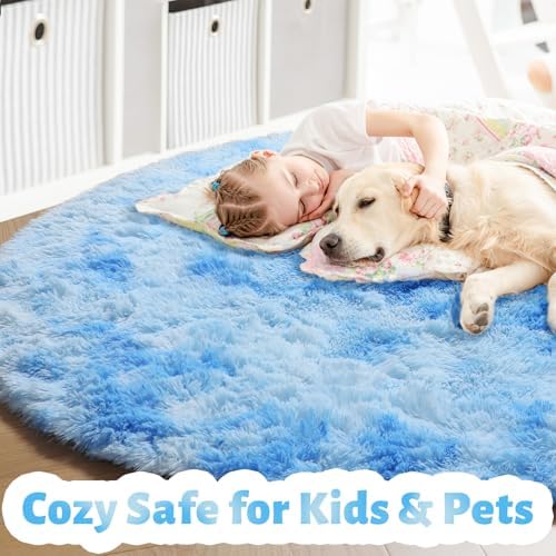 Amdrebio Tie-Dyed Light Blue Round Rug 4Ft for Girls Bedroom Baby Nursery - Image 2