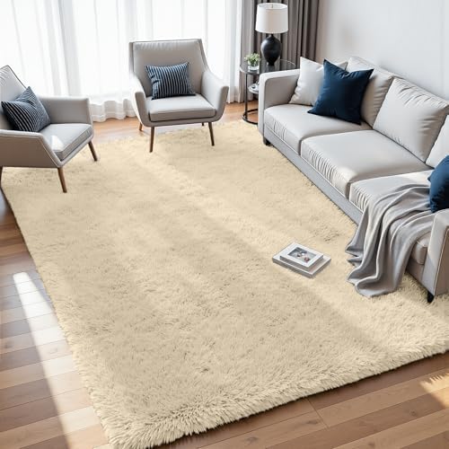 8x10 Fluffy Shag Area Rugs for Living Room Bedroom: Soft Plush Carpet Beige - Image 2