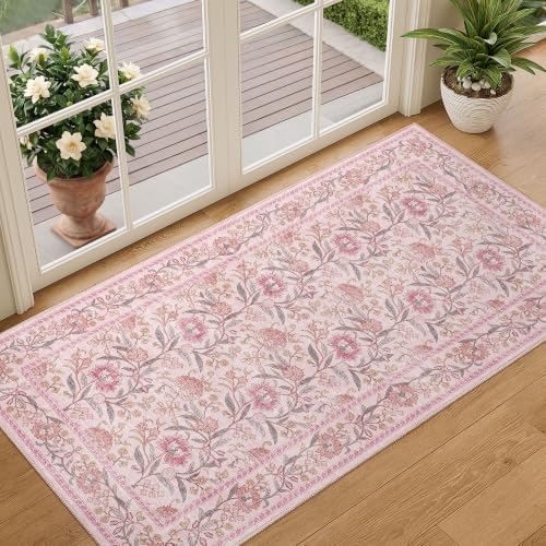DUKINO 2x4 Rug, Washable Vintage Floral Entryway Rug Non Slip, Pink by DUKINO