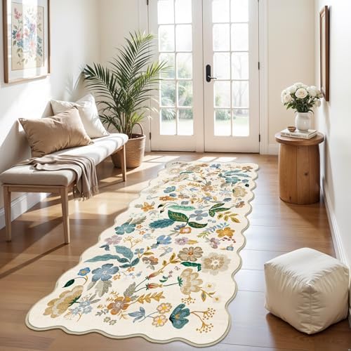 3x6 Runner Rug Machine Washable: Floral Carpet Runner for Hallway Cream - Image 7