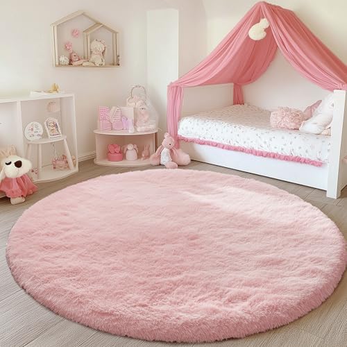 PAGISOFE Pink Round Rug 6Ft for Girls Room Kids Bedroom, Fluffy Shaggy Circle Area Rugs for Girls Bedroom Playroom Kids Home Decor Aesthetic, Plush Furry Throw Cute Baby Girl Nursery Room Rug - Image 7
