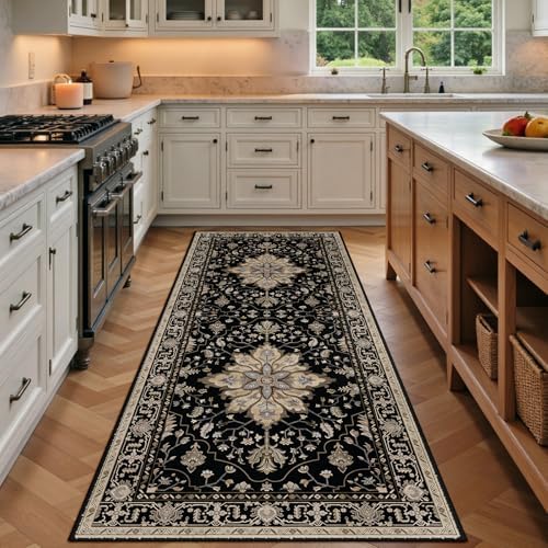 RELEANY Washable Area Rug, Runner 3'x7', Black/Neutral by RELEANY