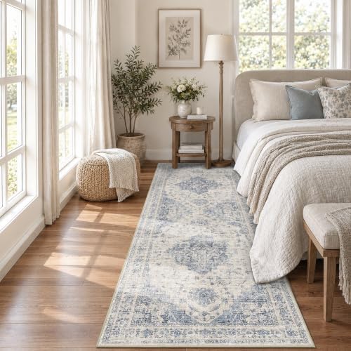 Washable 2.6x8 Kitchen Runner Rug Non-Slip Medallion Blue Long Carpet - Image 3