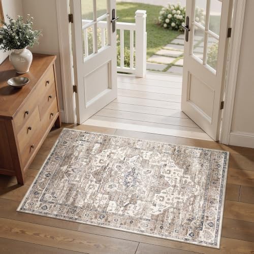 3x5 Washable Rug: Non Slip Soft Vintage Tea Brown Entry Rug by ZUNTKON