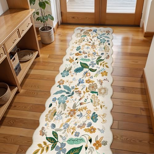 2x8 Washable Kitchen Runner Rug: Boho Vintage Floral Carpet Runner Cream by BYYVOORugsforYourHome
