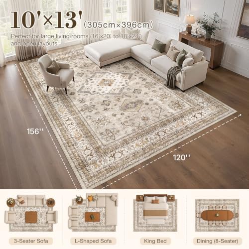 cotiled 10x13 Area Rug for Living Room, Washable, Traditional, Beige - Image 2