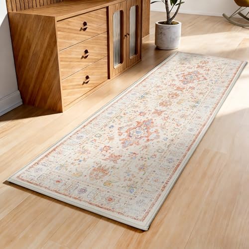 AREDO Runner Rug with Non Slip Rubber Backing 2' * 6', Washable Soft Floor Carpet for Kitchen, Hallway, Entryway Indoor, Bedroom, Laundry, Low Pile Area Rugs, Geometric Floral, Yellow Pattern by AREDO