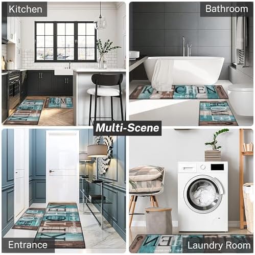 Teal Kitchen Rugs Set of 2 Non Slip Washable Farmhouse Turquoise - Image 5