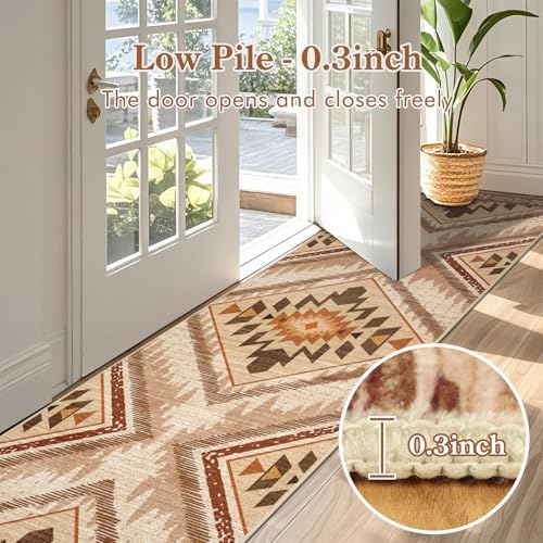 2x10Ft Boho Hallway Runner Rugs Non Slip, Light Brown Washable Kitchen Rug Runners, Soft Low Pile Geometric Moroccan Farmhouse Entryway Floor Carpet for Bedroom Home Decor - Image 2