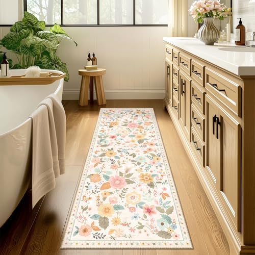 Floral Washable 2x6 Area Rugs Runner Entryway Hallway Beige/White/Orange - Image 3