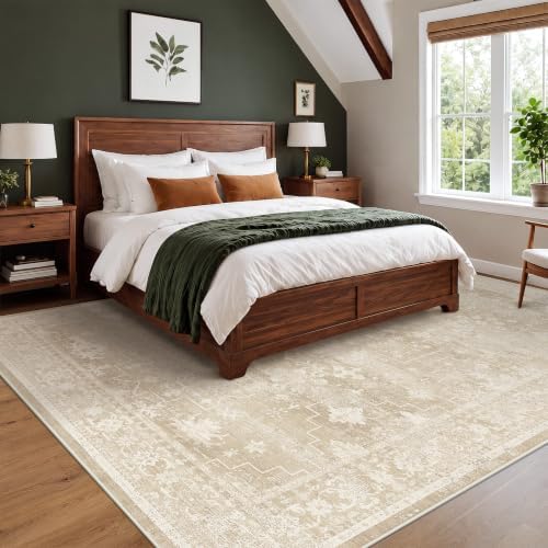Neutral 8x10 Beige Area Rugs for Bedroom, Living Room, Cottagecore Boho Abstract Distressed Washable Ivory and Champagne Rug for Dining Room, Stain Resistant Low Pile Anti-Slip Ultra Soft by Unknown