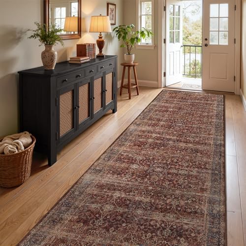 Washable Runner Rug 3x10, Vintage Farmhouse Dark Hallway Runner for Kitchen Floor Non Slip, Low Pile Thin Print Long Carpet Runner for Entryway Corridor Mudroom Foyer, Brick Red by Jainmy