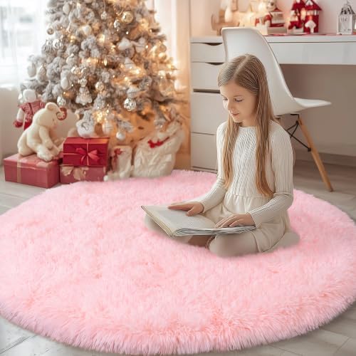 5Ft Fluffy Pink Round Rug for Girls Bedroom Kids Room, Washable Non-Slip by WISHTREE