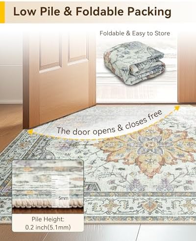 RELEANY Washable Area Rug, Square 8'x8', Beige/Carbon Grey/Orange - Image 5