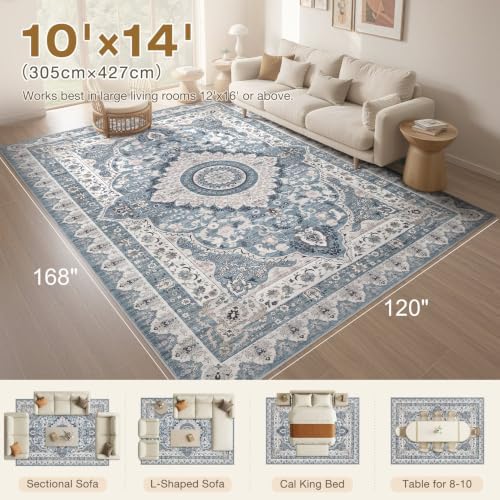 10x14 Area Rug for Living Room: Washable Vintage Blue Rug - Image 2