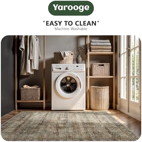 6x9 Area Rugs - Washable Vintage Retro Living Room Rug, Soft Ultra Thin Non Slip Low Pile Traditional Distressed Boho Carpet for Bedroom Dining Room Nursery Home Office, Charcoal Olive - Image 6