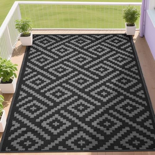 RURALITY Outdoor Rugs 5x8 Feet for Patios Clearance,Plastic Straw Waterproof Mats for Backyard,Porch,Deck,Balcony,Black&Deep Grey by RURALITY