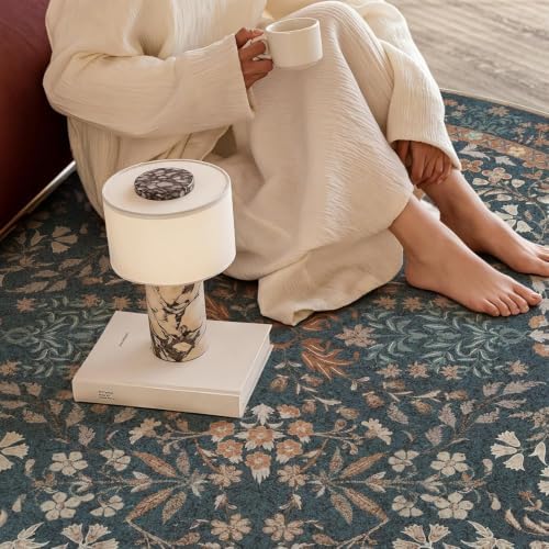 jinchan 7ft Washable Round Area Rug, Vintage Floral, Dark Blue - Image 5
