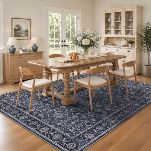 Washable 9x12 Living Room Soft Area Rug Retro Denim Blue Large Carpet - Image 3