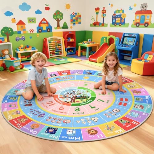 ABC Kids Rug for Playroom, 4ft Round Alphabet Small Classroom Rug by GRAMBET