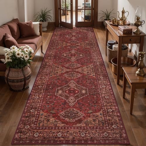Tangsoo Red 3x8 Washable Runner Rug for Hallways, Boho Non Slip Runner Rug by Tangsoo