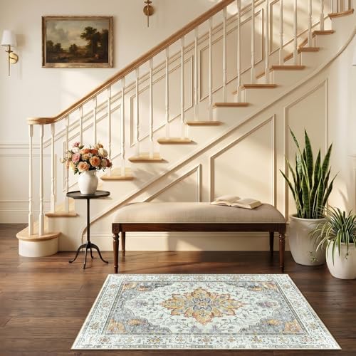RELEANY Washable Area Rug, Small 2'6"x4', Beige/Carbon Grey/Orange - Image 2