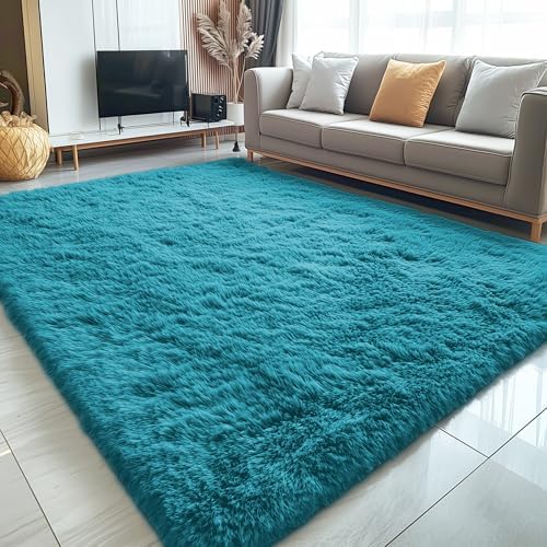OLANLY 5x7 Machine Washable Large Area Rugs for Living Room, Bedroom, Soft Fluffy Shaggy Bedside Rug, Indoor Floor Carpet for Kids Girls and Boys, Dorms, Nursery, Home Decor Aesthetic, Teal - Image 3