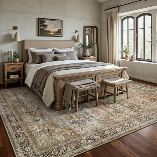 6x9 Area Rugs - Washable Vintage Retro Living Room Rug, Soft Ultra Thin Non Slip Low Pile Traditional Distressed Boho Carpet for Bedroom Dining Room Nursery Home Office, Beige & Terracotta - Image 3