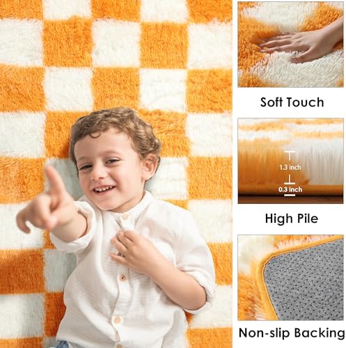 KICMOR Soft Fluffy 5x8 Orange and Cream White Rugs Living Room Carpets, Large Fuzzy Checkered Shag Area Rug Big Carpet for Bedroom, Indoor Plush Shaggy Rug for Nursery Teen Boys Girls Room Decor - Image 2