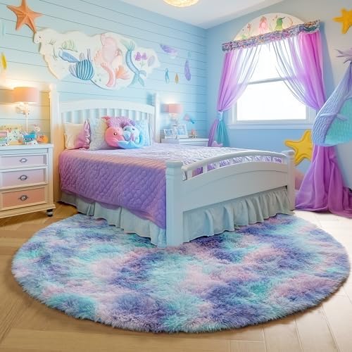 Fluffy Kawaii Round Rug 4Ft for Girls Bedroom, Purple Rainbow Mermaid Rugs - Image 4