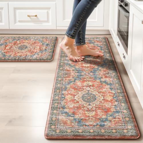 Boho Kitchen Mats for Floor 2PC Anti Fatigue Kitchen Rugs, Retro Red by tubeamin
