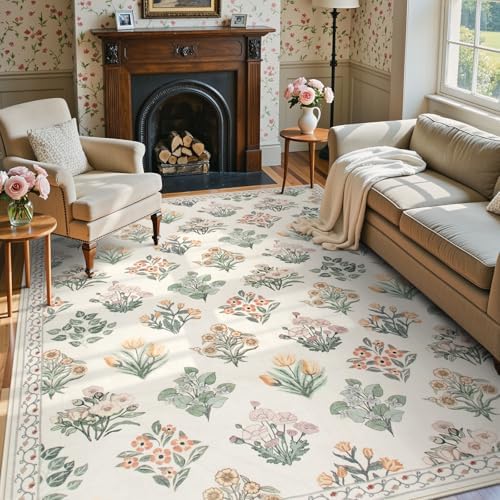 Wonnitar 5x7 Rug for Bedroom Decor, Washable Nursery Rug for Baby, Neutral Ultra-Thin Non Slip Floral Print Carpet for Kids Room Farmhouse Living Room Office, Cream Beige by Wonnitar