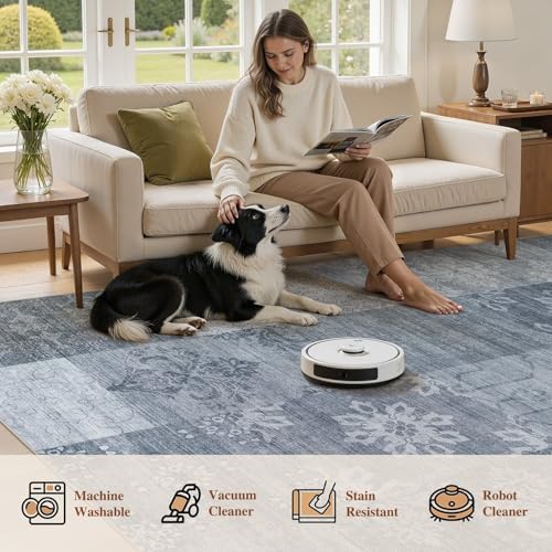 UERMEI 9x12 Area Rug for Living Room - Washable Vintage Carpet, Non-Slip Soft Large Indoor Floor Rugs for Bedroom Home Office & Under Dining Table Decor, Blue Block - Image 5