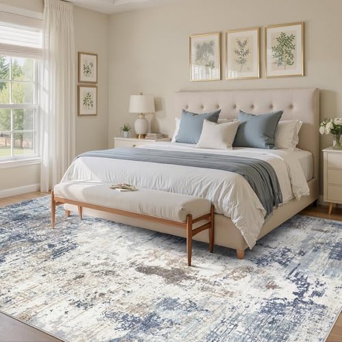UERMEI 10x12 Area Rug Living Room Rugs - Washable Neutral Modern Abstract Soft Thin Large Rug Indoor Floor No Slip Rug Carpet for Bedroom Under Dining Table Home Office Decor - Denim Blue - Image 3