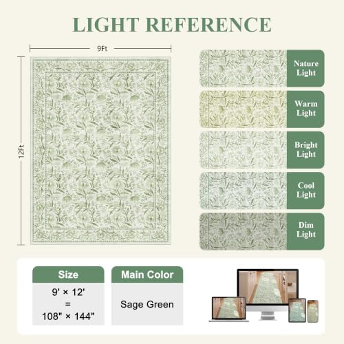 DUKINO 9x12 Area Rug for Living Room Vintage Floral Washable Rug Sage Green - Image 2