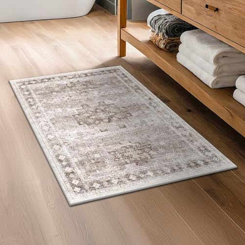 2x4 Boho Runner Rug, Neutral Farmhouse Entryway Rugs, Small Throw Runners for Hallway Bedroom Kitchen, Vintage Floral Design & Non-Slip Low-Pile Washable Stain Resistant Beige Latte - Image 6
