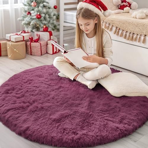 OLANLY Burgundy Round Rugs for Bedroom - Machine Washable, 4 ft Circle Area Rugs for Living Room, Soft and Fluffy Shaggy Carpet for Teen Girls and Boys, Nursery Rooms, Dorms, Home Decor Aesthetic by OLANLY