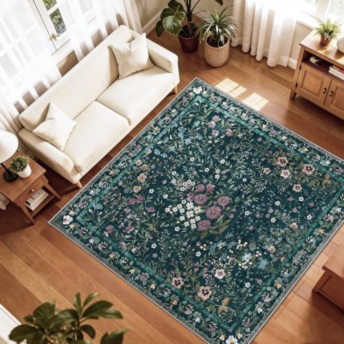 6x6 Washable Area Rug Living Room: Floral Non-Slip Washable Mat for Indoor Floor Dining Room Bedroom High Traffic Area - Soft Low Pile Carpet for Vintage Boho Home Decor (6ft Square, Green) - Image 3