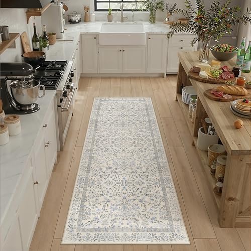 PureCozy 2.6x8 Blue Floral Runner Rug Vintage Farmhouse Style - Image 2