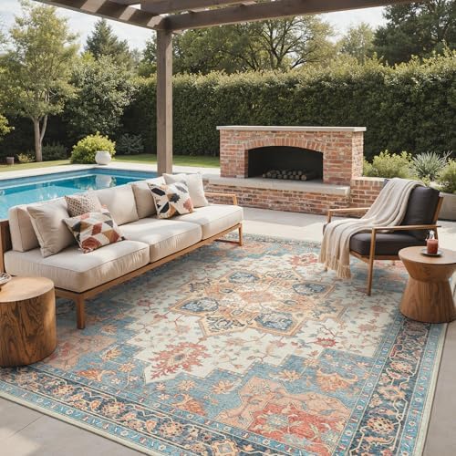 GENIMO Indoor Outdoor Rug, Washable for Patio and Deck, Peach Blue, 8x10 by GENIMO