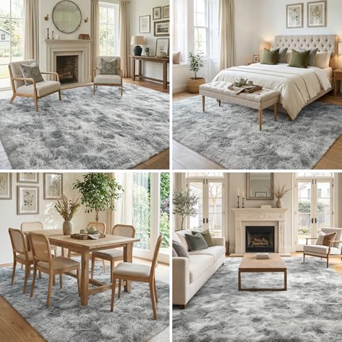 7x10 Ft Extra Large Shag Rugs for Living Room, Tie Dyed Ultra Soft Fluffy Furry Area Rugs for Bedroom Indoor Floor, Aesthetic Carpet for Kids Home Decor (Light Grey) - Image 4