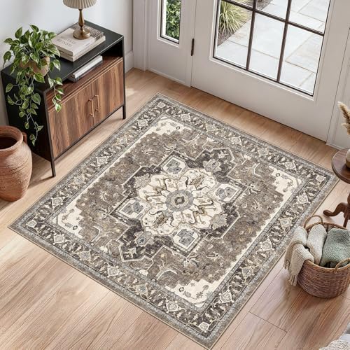Washable 3x3 Square Rug Entry: Vintage Throw Rugs with Non-Slip Rubber Backing Soft Thin Stain Resistant Carpet for Kitchen Bedroom Entrance Home Decor Floor Mat for Living Room Bathroom (Beige,3x3) - Image 2