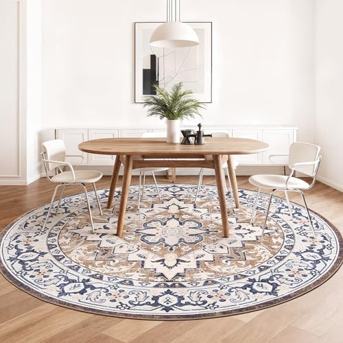 Lofus 6ft Round Area Rugs for Living Room, Vintage Boho Carpet Floral Brown - Image 3