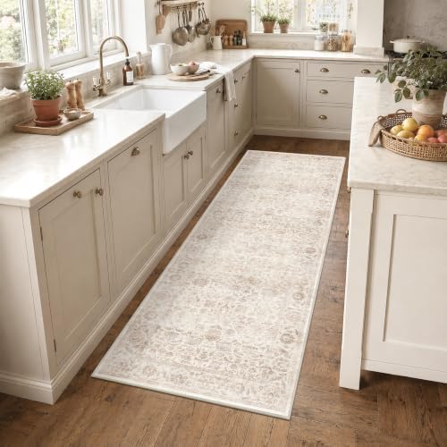 Washable 2.6x8 Kitchen Non-Slip Runner Rug Vintage Beige Throw Carpet - Image 2