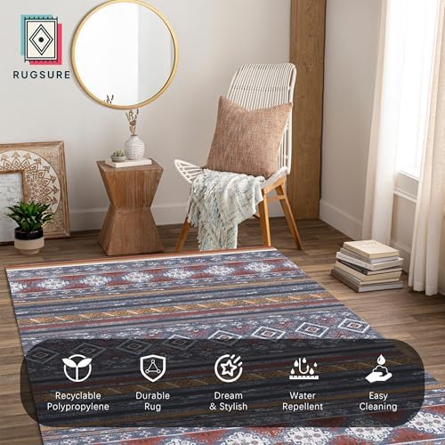 RUGSURE Washable Area Rugs 9' x 12' - 1/6 Thick - Moroccan-Inspired -Stain & Water Resistant Non-Slip - Resistant Rug for Living Room, Bedroom, Nursery, Pet & Child Friendly (Blue and Red) - Image 5