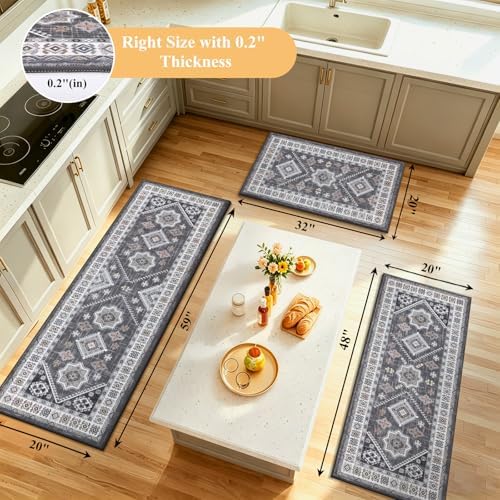 HEBE Boho Kitchen Rugs Set of 3, Non Slip Washable Kitchen Mats for Floor - Image 2